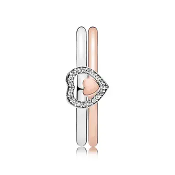 

NEW 100% 925 Sterling Silver Ring Two Become One Puzzle Heart Stacked Ring Set Fit European Girl DIY Original Jewelry Gift