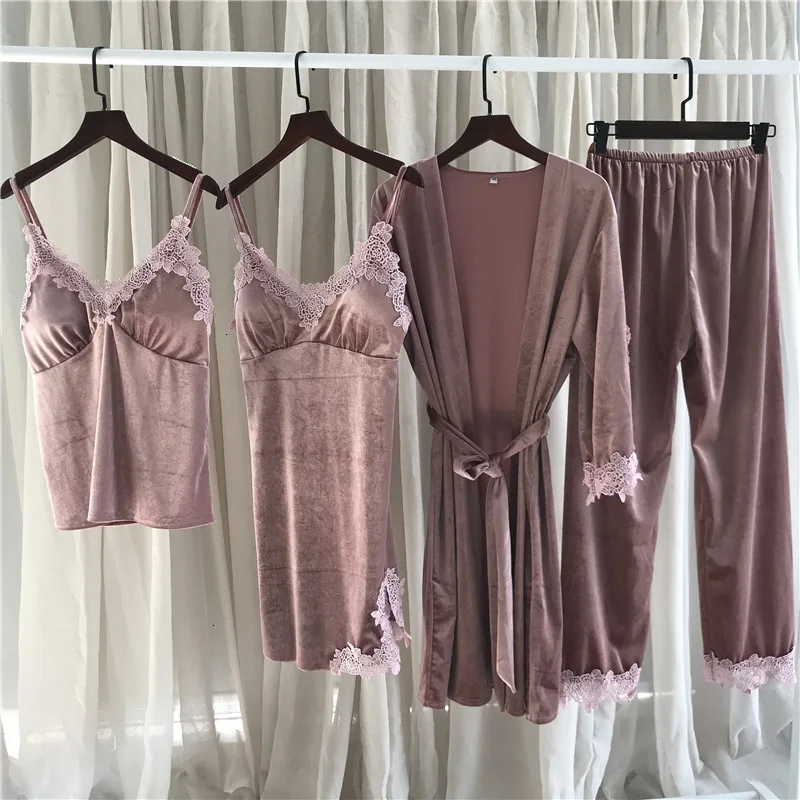 

Winter New Gold Velvet Pure Color 4 Pcs Women Pajama Set Thicken Keep Warm With Chest Pad Cardigan Trousers Set Pyjamas