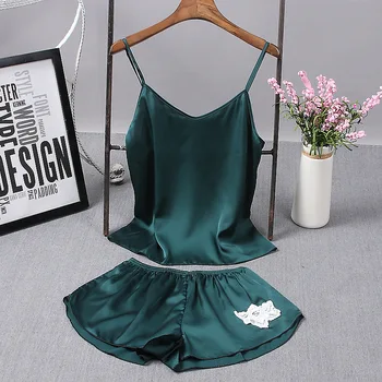 

Women Appliques Underwear Sexy Faux Silk Summer Shorts Strap Home Shirt Pajamas Suit Casual Solid Babydoll Lingerie Sleepwear