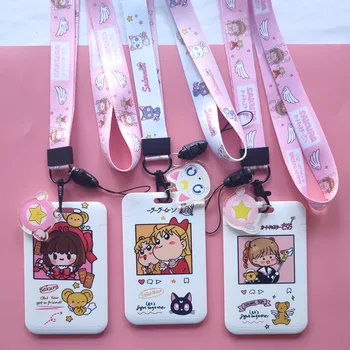 

Cosplay Card Captor Sakura Keychain Credit Bus Card Sets Anime KINOMOTO sailor moon Cute Card Cover with Lanyard For Girls Gift