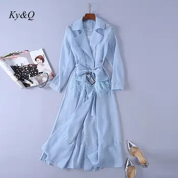 

Brand Design Fashion 2020 Summer Women Wool Lace Trench Organza Dress Two-piece Dress Lapel Blue Long Sleeve Dress Clothes