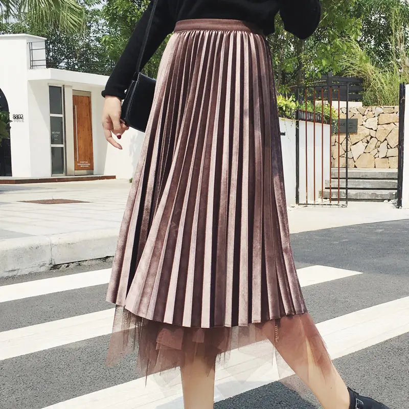Qiuxuan Двусторонняя длинная юбка из тюля Женская плиссированная юбка черная Эластичная Высокая талия Асимметричная сетчатая юбка женская повседневная юбка средней длины - Цвет: Coffee