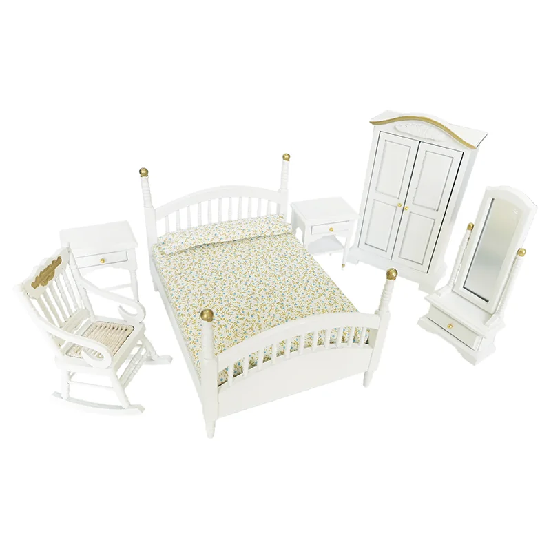 1:12 Dollhouse Miniature Furniture White Fashion Bedroom Set 6PCS Bed Chair Cabinet Dresser Mirror WB059