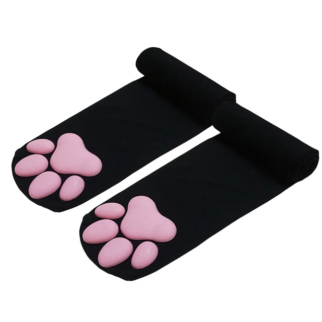 ohoooh Lolita Cat Paws Stockings With Paws Women's Long Socks Cat Paw Knee Socks 3D Kawaii Cosplay Cat Meat Thigh High Socks Black(60cm)