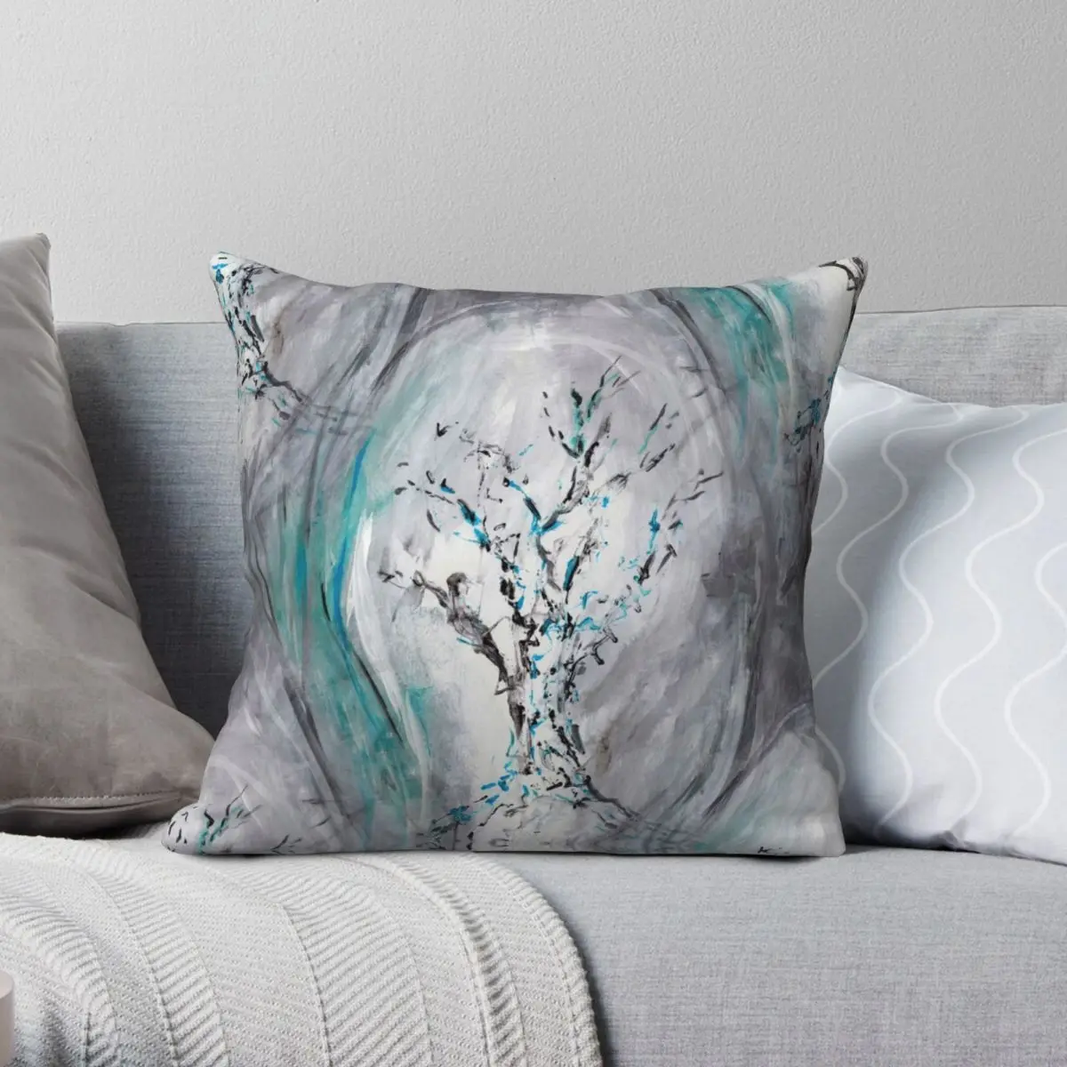 

Tree Branches Impressionist Teal Gray Square Pillowcase Polyester Linen Velvet Zip Throw Pillow Case Sofa Seater Cushion Cover