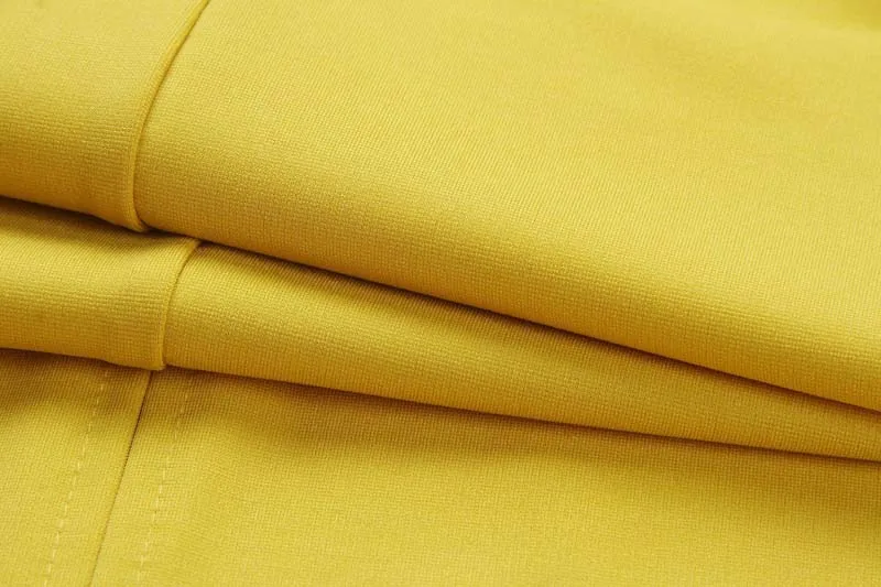 Elegant Solid Yellow Bodycon Slim Dress Women African Clothes O-Neck Short Sleeve Dress Bandage Office Lady Temperament Female