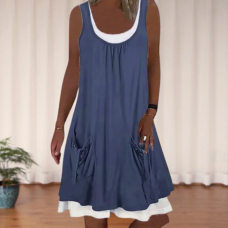 Summer Patchwork Short Dress Women 2021 Casual O Neck Pocket Party Dress Ladies Sleeveless Loose Beach Dresses Plus Size