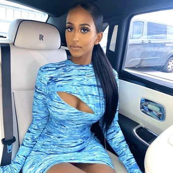 

Sexy Bandage Dress 2020 Long Sleeve Front Hollow Out Print Party Bodycon Dress Women Vintage Elegant Slim Short Club Mini Dress