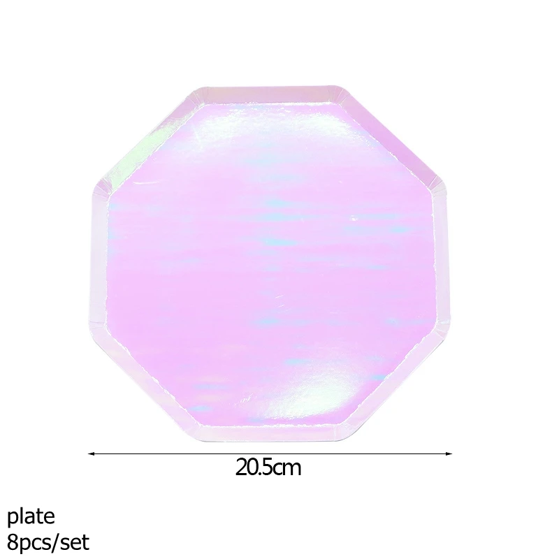 Лазерные серебристые и розовые одноразовые столовые приборы, набор чашек, тарелок, салфеток, соломинки, свадебные украшения, принадлежности для дня рождения - Цвет: PB05  8pcs plates