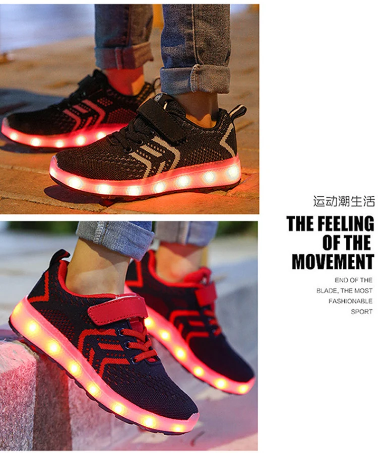 Новинка, дышащие светящиеся кроссовки с USB зарядкой 25-37, детская светящаяся обувь для мальчиков/девочек, светящиеся кроссовки красного цвета