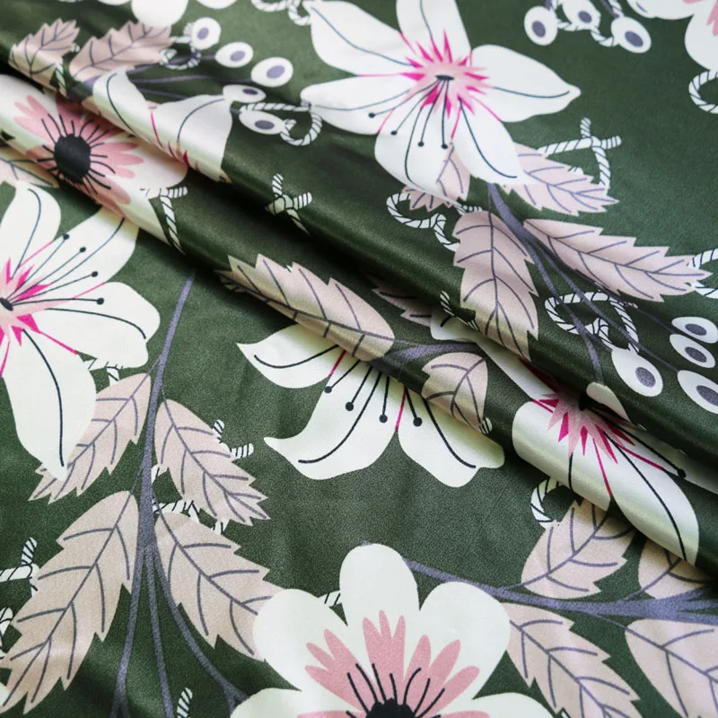 Винтажная атласная ткань с цветочным принтом для шарфа, мягкий глянцевый Шармез Telas Meter - Цвет: color 6 deep green