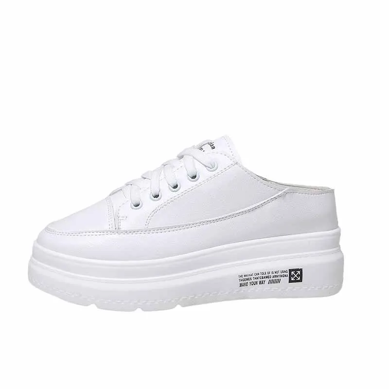Lace-up platform slippers women's outer wear 2019 new net red lazy people without heel wedge cake white shoes half drag | Обувь