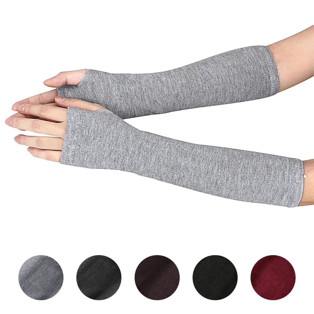 

Women Arm Warmers Fingerless Long Gloves Solid Warm Knitted Mittens Protection Arm Warmer Half Finger Sleeves Black Grey Coffee