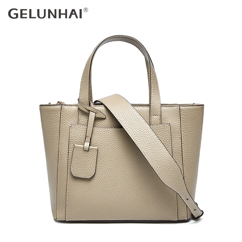 

GELUNHAI More Pretty Colors Handbag 100% Genuine Leather Casual Tote Fashion Lady Crossbody Messenger Purse Business Bag Khaki