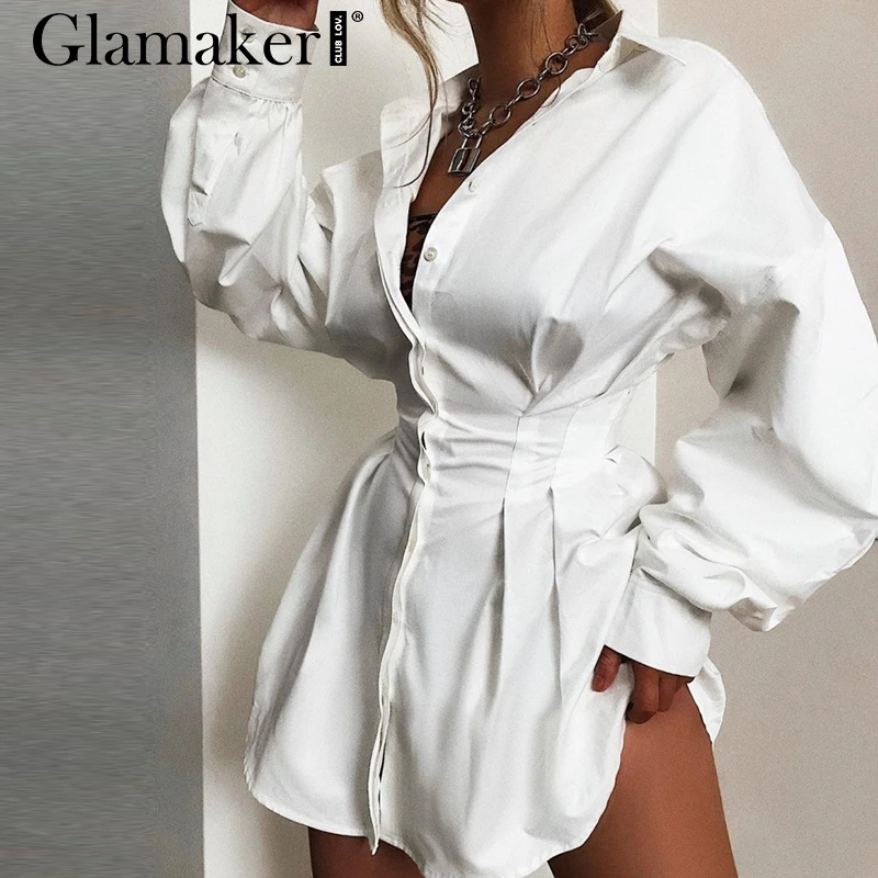 Glamaker, белое мини-платье с рукавом летучая мышь, Женская Офисная плиссированная блузка, платье-рубашка, Осеннее приталенное Элегантное короткое платье с высокой талией