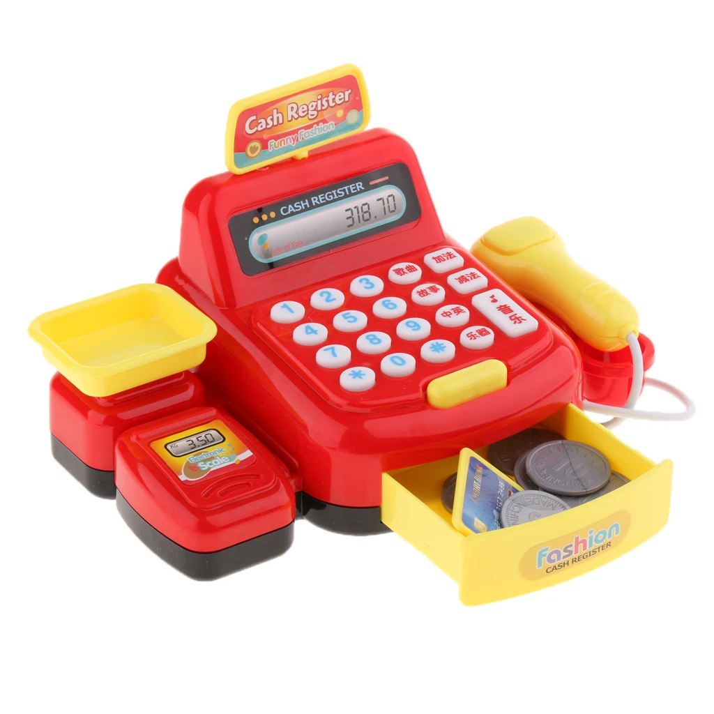 Durable Cash Register Toy for  | with Electronic Sounds, Microphone, Calculator, Cashier Toy, Play Money, & Grocery Toys