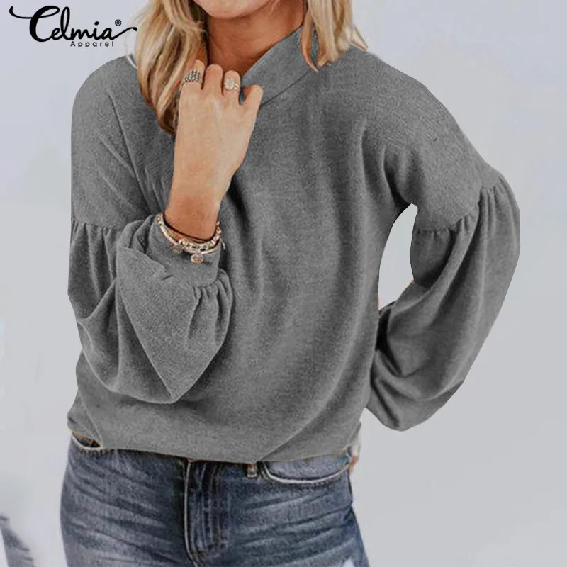 

Celmia Women Blouses Plus Size Casual Buttons Loose Fashion Knitted Tops Lantern Sleeve Solid Shirts Ladies High Collar Blusas
