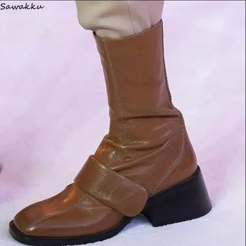 

European Designer Fashion Shoes Woman Soft Leather Ankle Boots Low Heel Casual Booties Side Zipper Riding Cowboy Botas Mujer