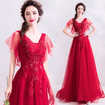 

2020 New Arrival A-line Floor Length Tulle Lace Beading Elegant Wine Red Evening Dress Long Prom Evening Gowns EL12