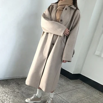 

Simple Solid Leisure Single-breasted Turn-down Collar Female Long Woolen Coat 2020 Autumn Winter Artificial Wool
