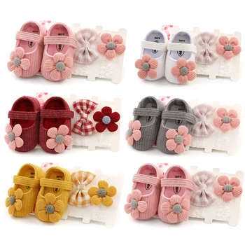 0-18M Infant Newborn Baby Girls Boys Crib Shoes Cotton Flowers Hook Soft Cork Baby Shoes 6 Colors+Headband 1