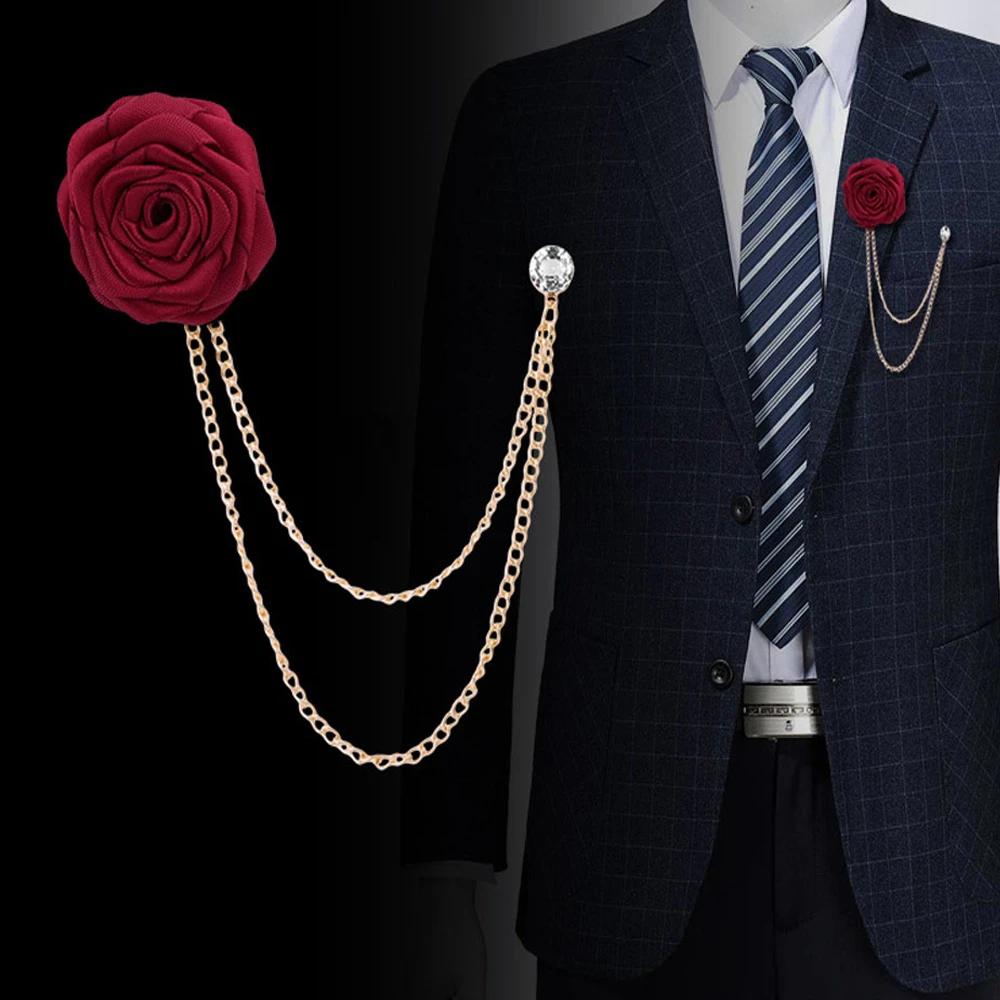 チャームローズ花ブローチラペルピンバッジタッセルチェーン韓国花婿の結婚式ブローチ布アート男性のスーツアクセサリー Brooches Aliexpress