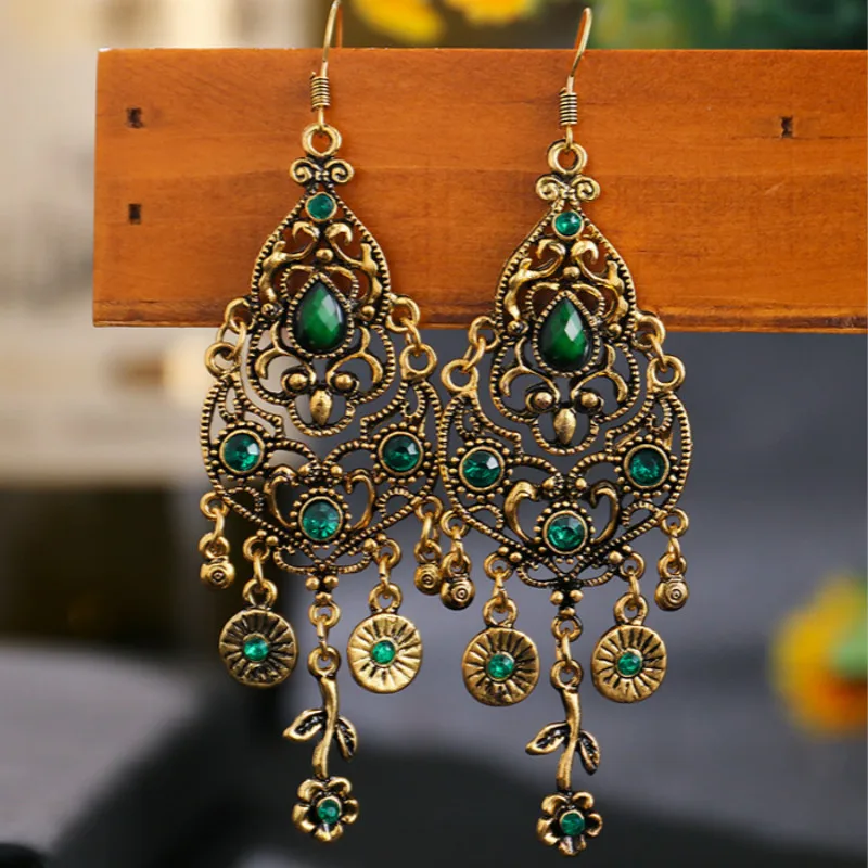 Ethnic Earrings Indian Jewelry Rhinestones-Long Vintage Bohemian Women Carved-Flower