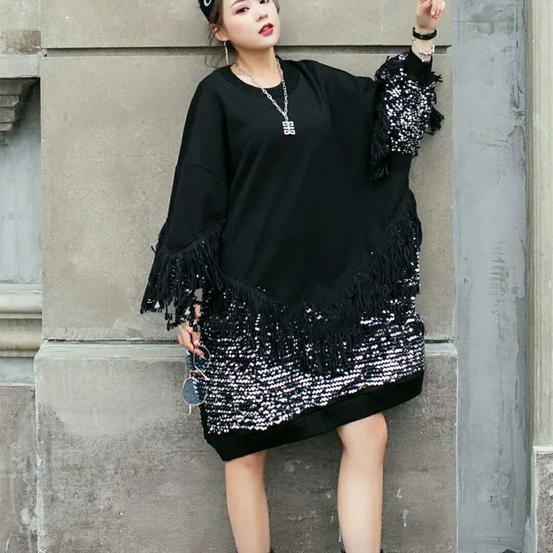 Tide brand women's 2019 spring new Roman cloth black stitching sequins large size round neck pullover long sleeve dress | Женская