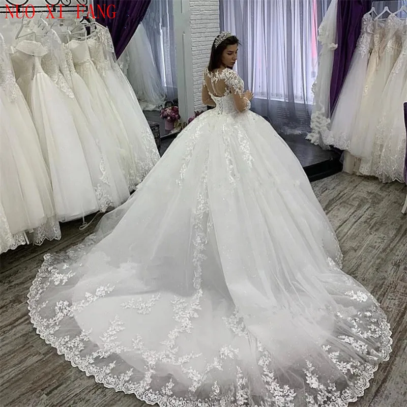 NUOXIFANG Elegant Long Sleeves Plus Size Wedding Dress White Robe De Mariee 2022 Appliques Lace Bridal Gowns Vestido De Novias