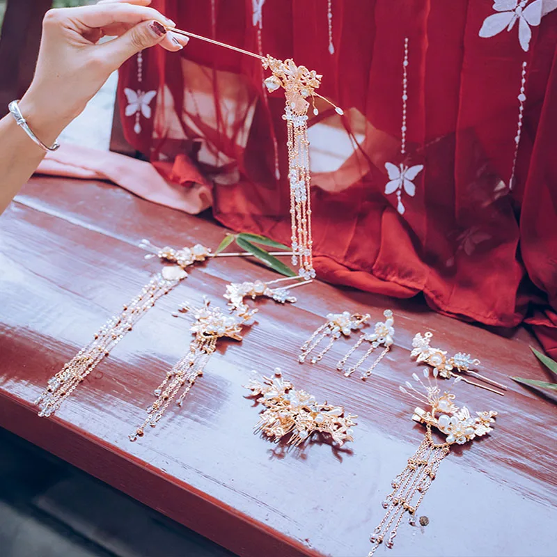 QIANJI китайский головной убор Hanfu для невесты, полный набор волос с бахромой, Шпилька с кисточками, антикварные аксессуары для волос с аксессуарами