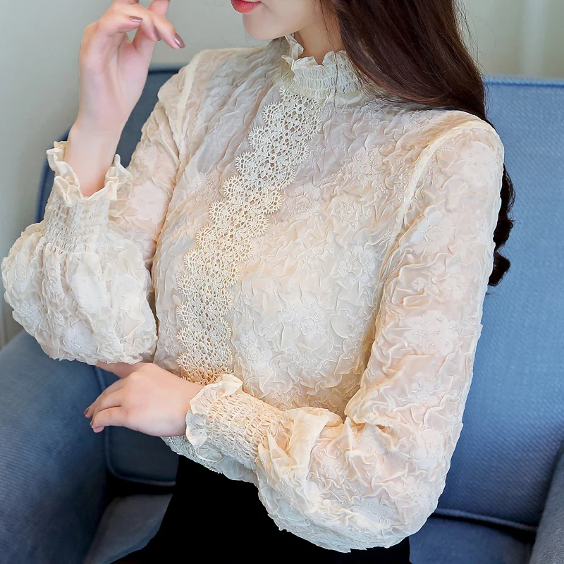 Осень 2019 Новая женская рубашка трехмерные цветочные шифоновые блузки с кружевом и рюшами Женские топы с воротником-стойкой 805J7
