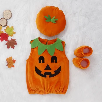 

Baby Halloween Cosplay Clothes Babies Pumpkin Suit Sleeveless Vest Tops+Hat+Shoes 3 pcs Outfits Photography Prop Costume