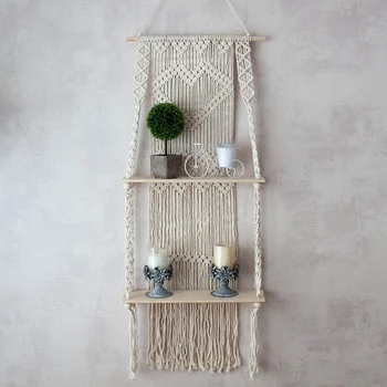 

Boho Macrame Wall Hanging Shelf 2 Tier Handmade Woven Tassel Wood Floating Shelves Wall Floating Hanger for Home Decor
