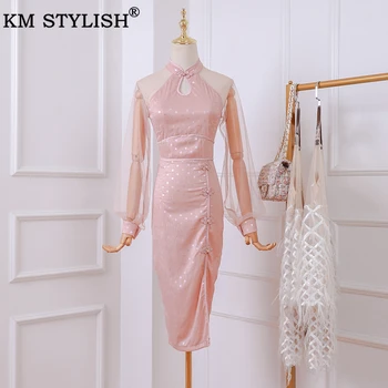 

2020 Spring New Cheongsam Chinese Style Women's Clothings Vintage Retro Stand Collar Button Buckle New Black Pink Modified Dress