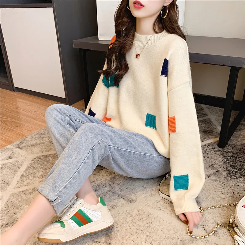 

2019 New Autumn Winter Women Sweaters Pullovers Minimalist Korean Style Knitting Ladies Beige Stitching Tops