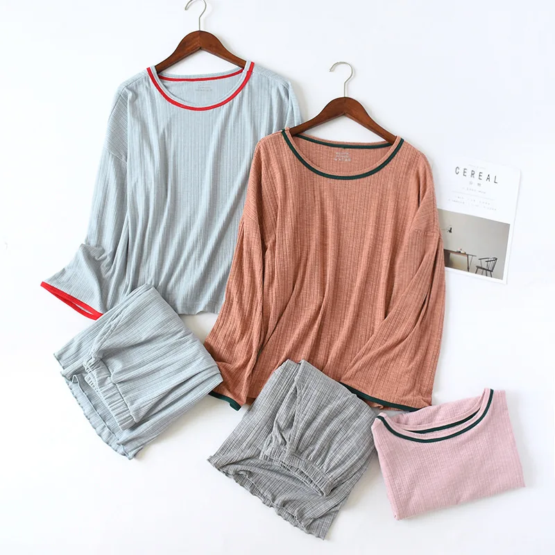 

New Summer Long Sleeve 2-piece Pajamas for Women Round Neck Loungewear Sleepwear Striped Plus Size Loose Pyjamas Home Clothes