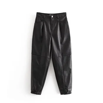 

black fashion women PU leather pants 2020 female streetwear autumn faux leather trousers high waist pleated calça feminina