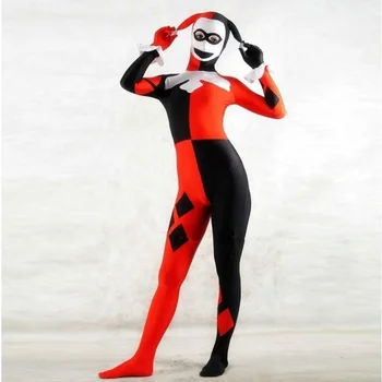 

High Quality Womens Adult Halloween Harley Quinn Clown Cosplay Costumes Zentai Lycra SuperHero Costume Suit Plus Size XXS-6XL