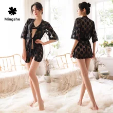 Сексуальные пижамы для взрослых, домашний халат, костюм, сексуальное нижнее белье, три точки, кружевной прозрачный халат, три части, Женские Дышащие стринги, Новинка