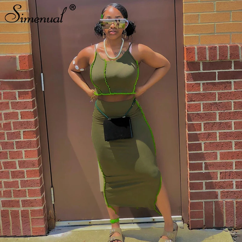 Simenual Bodycon Athleisure Patchwork Women Two Piece Sets Strap Club Fashion Casual Crop Top And Side Slit Skirt Matching Set Simenual Bodycon Athleisure Patchwork Women Two Piece Sets Strap Club Fashion Casual Crop Top And Side Slit Skirt Matching Set