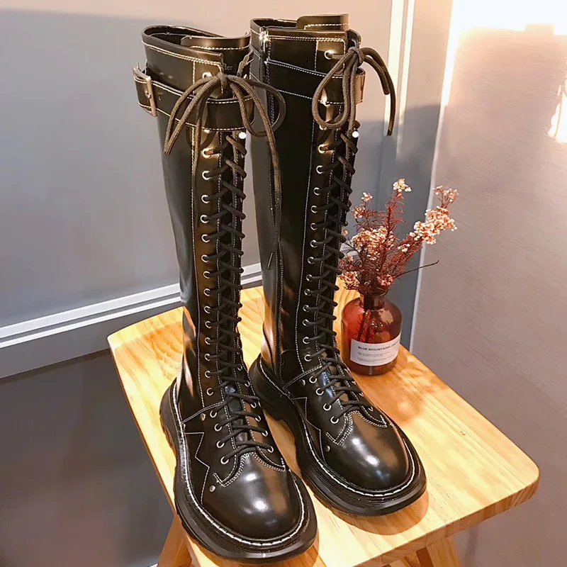 Ceny RASMEUP skórzane damskie buty do kolan 2020 marka projekt zima zasznurować kobiety platformy rozruchu wiosna panie Chunky buty