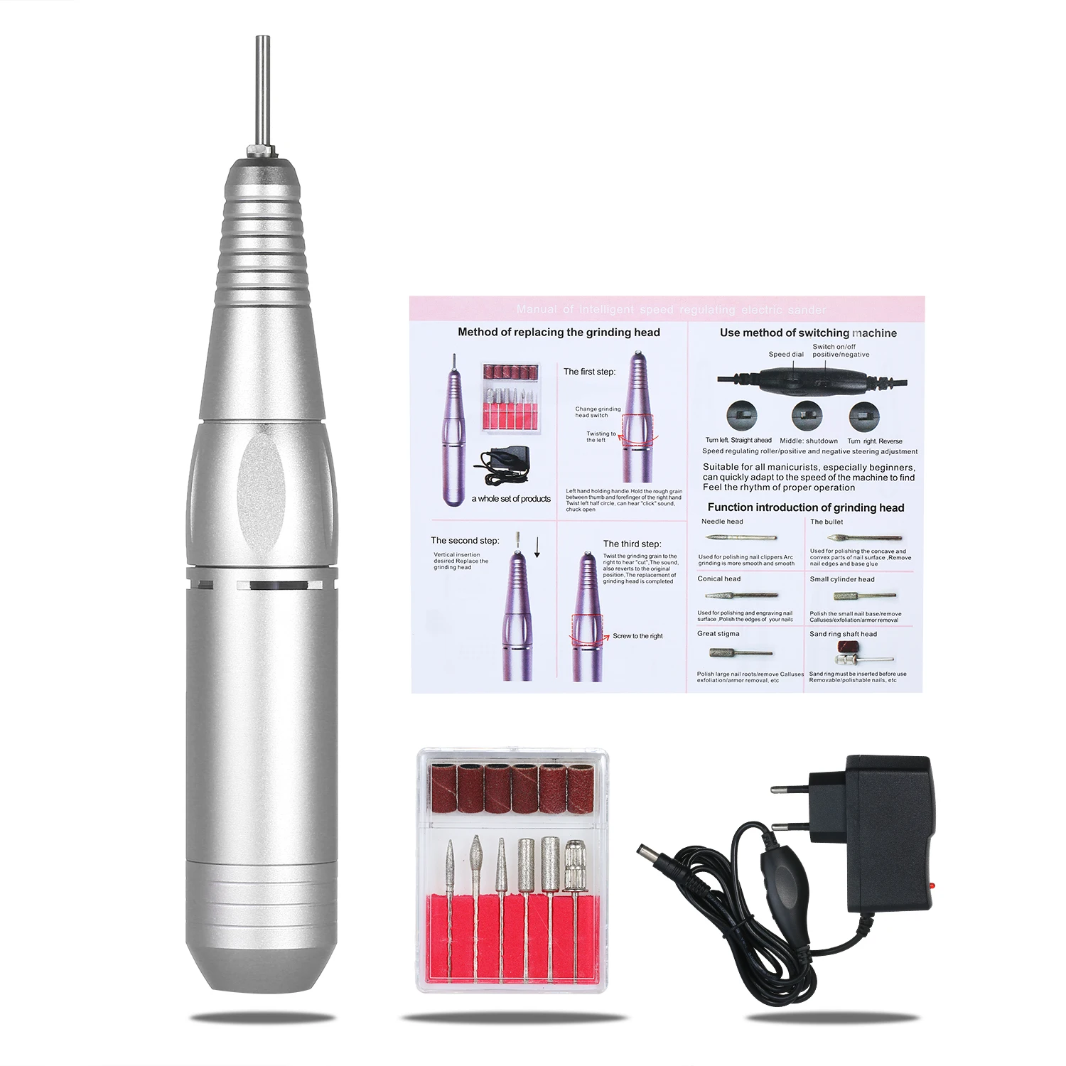 Электрическая ручка-дрель для дизайна ногтей с 6 сверлами для полировки, шлифовальный станок, наконечник для маникюра, педикюра, аксессуары для дизайна ногтей