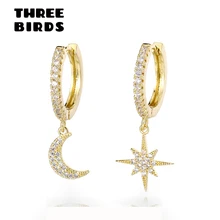 Трендовые кубические циркониевые Звездные лунные серьги-кольца, роскошные золотистого и серебристого цвета ассиметричные серьги для женщин, корейские ювелирные изделия