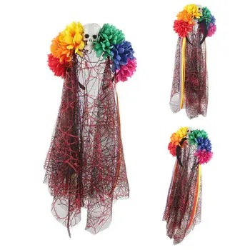 

Girl Halloween Artificial Rainbow Flower Headband with Skull Face Lace Veil Ribbon Day of The Dead Cosplay Crown Hair Hoop NEW