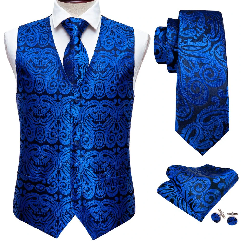 Designer Mens Roral Blue Paisley Jacquard Folral Silk Waistcoat Vests Handkerchief Tie Suit Vest Pocket Square Set Barry.Wang casual blazer for men