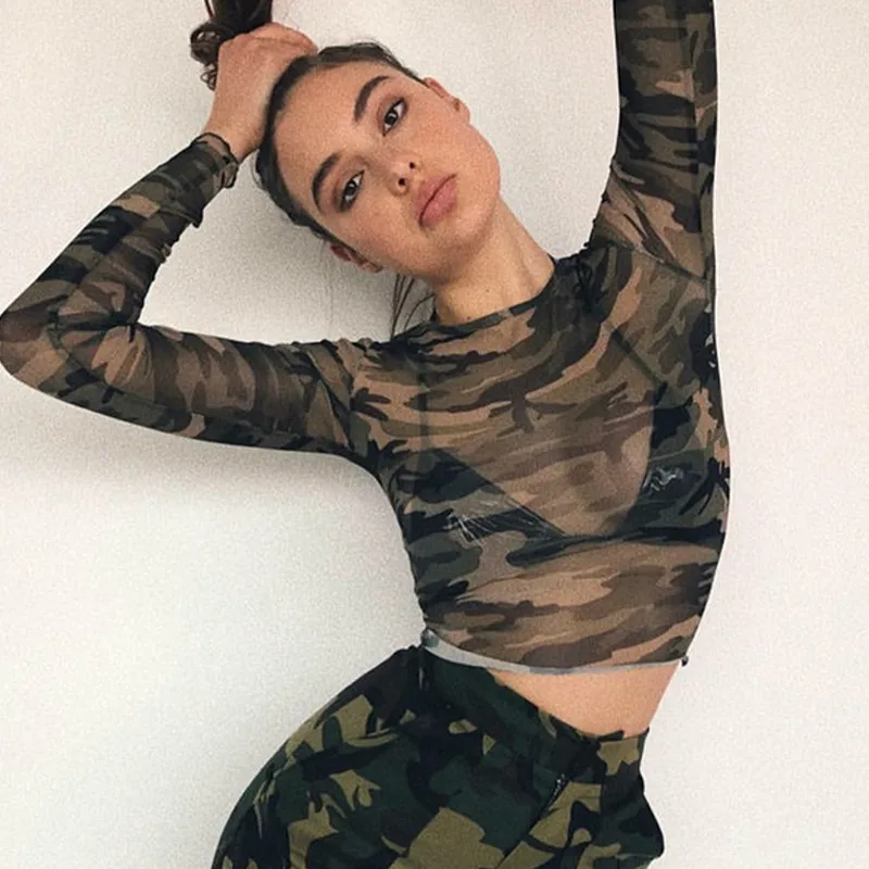 

Fashion Sexy Camouflage Mesh Sheer Short T-shirt Long Sleeve Perspective Summer Crop Tops Female Short Shirts Tee