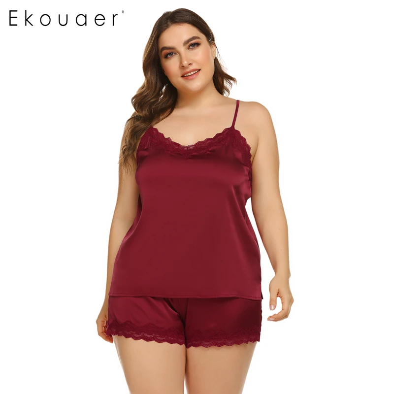 Ekouaer Plus Size Sexy Satin Pajamas Set Women Lace Patchwork Cami 