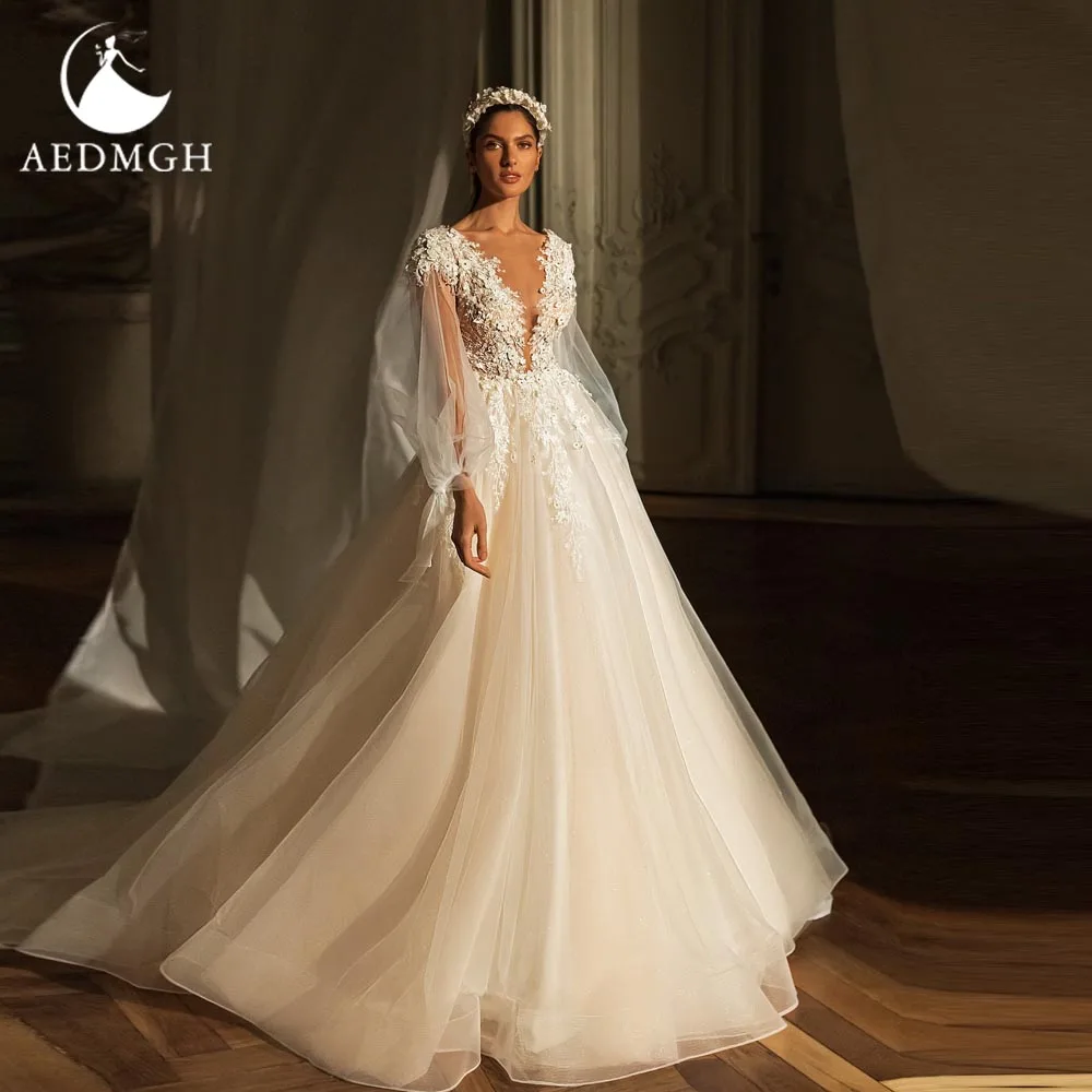 Aedmgh Charming A-Line Wedding Dresses 2024 V-Neck Puff Sleeve Court Train Vestido De Novia Beaded Appliques Bridal Gowns