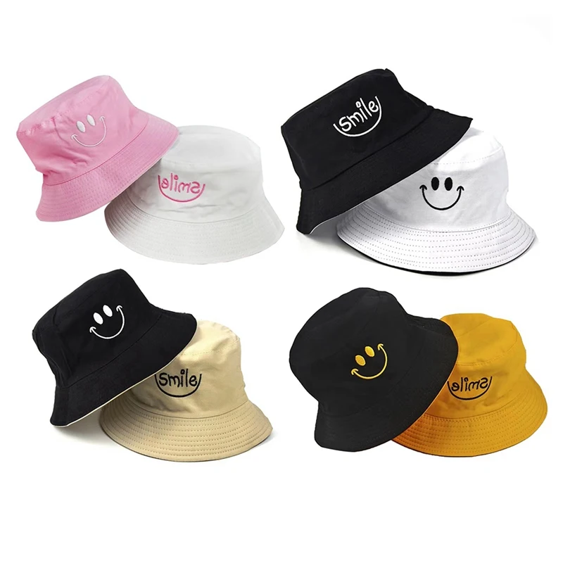 SMILE Bucket Hat Double Sided Bucket Hat Smiling face Unisex Fashion Bob Cap Hip Hop Gorro Men Summer Cap