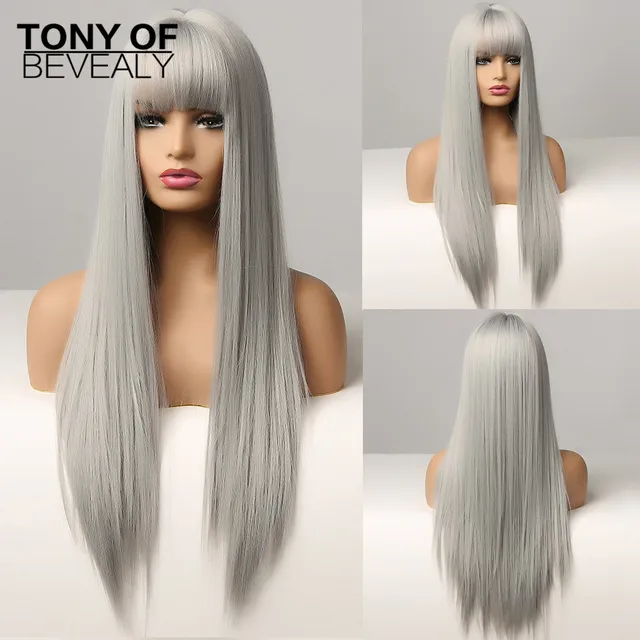 Long Straight Brown Ombre Natural Hair Wigs Middle Part Heat Resistant Synthetic Wigs for Afro Women Daily Cosplay Fashion Wigs lc361-1